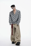 Pearl-Embellished V-Neck Distressed Knit Sweater
