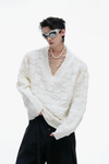 Pearl-Embellished V-Neck Distressed Knit Sweater