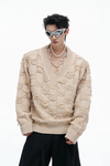 Pearl-Embellished V-Neck Distressed Knit Sweater