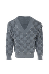 Pearl-Embellished V-Neck Distressed Knit Sweater