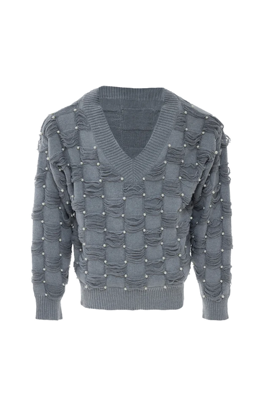 Pearl-Embellished V-Neck Distressed Knit Sweater