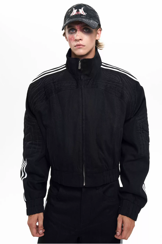Raw Denim Patchwork Stand Collar Jacket