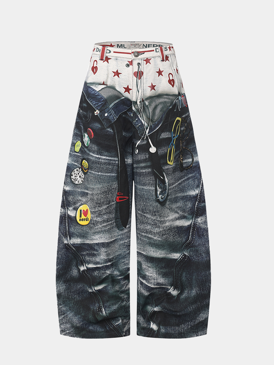 American Original 3D Print Double Waist Baggy Jeans