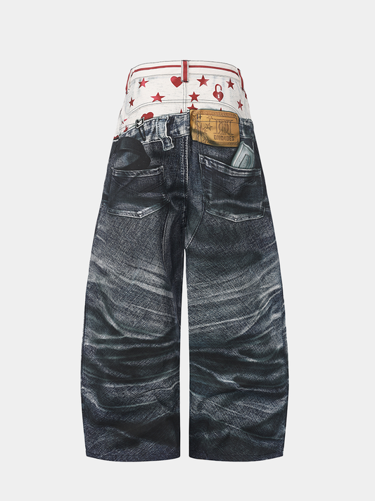 American Original 3D Print Double Waist Baggy Jeans