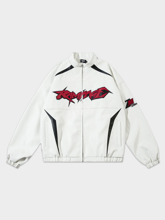 Retro Racing Embroidered Leather Biker Jacket
