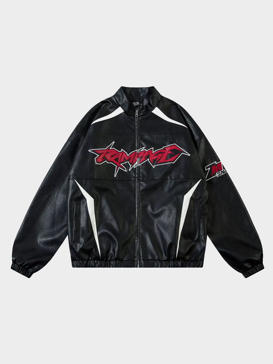 Retro Racing Embroidered Leather Biker Jacket