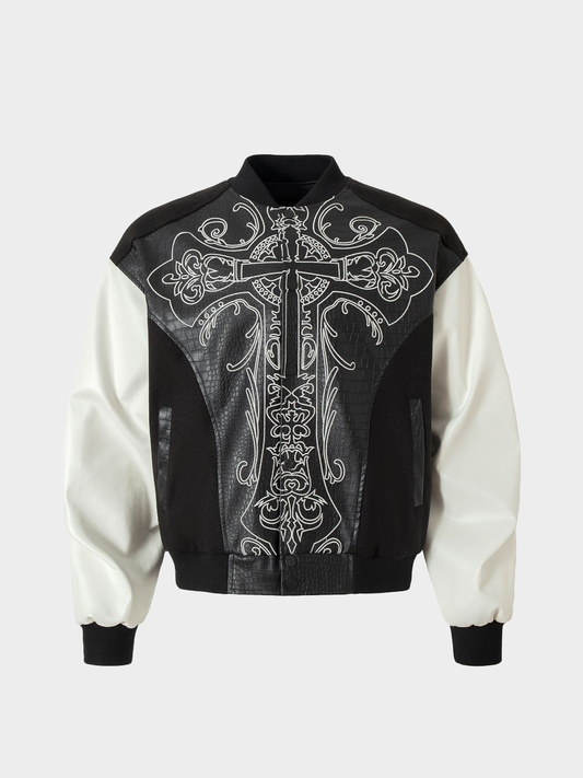 Gothic Cross Embroidered Varsity Leather Jacket