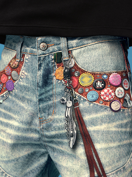 Yadrew Bottle Cap Patchwork Vintage Printed Jeans