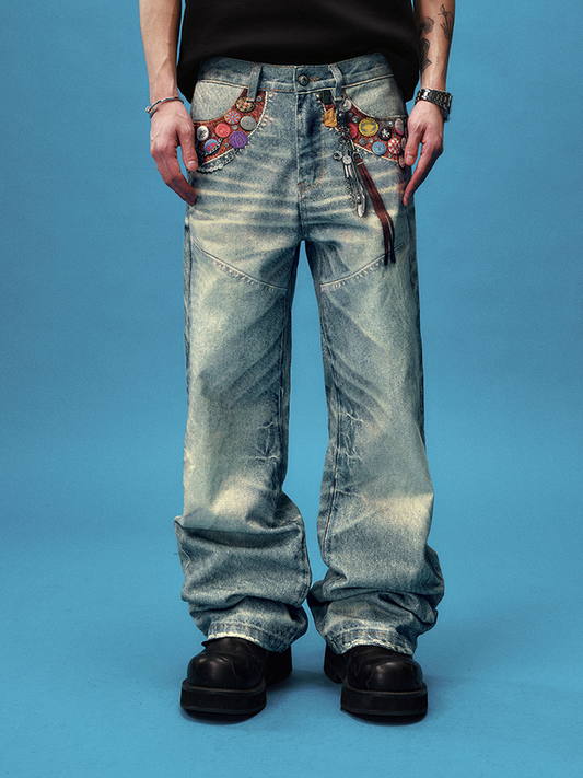 Yadrew Bottle Cap Patchwork Vintage Printed Jeans