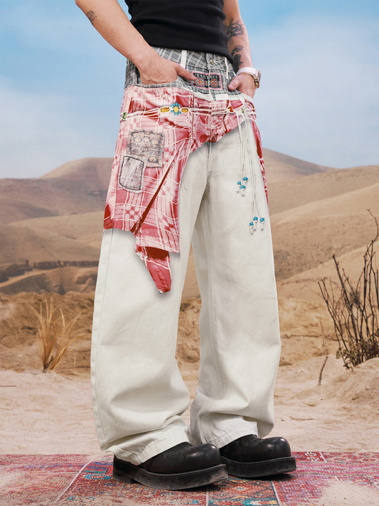 Ethnic Patchwork Printed Denim Wide-Leg Pants