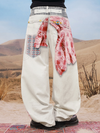 Ethnic Patchwork Printed Denim Wide-Leg Pants