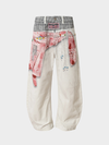Ethnic Patchwork Printed Denim Wide-Leg Pants