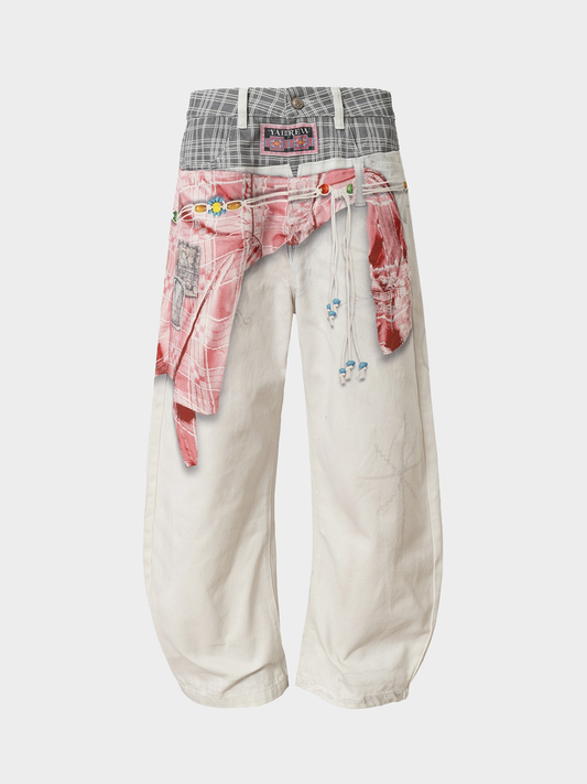 Ethnic Patchwork Printed Denim Wide-Leg Pants