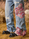 Sunset Lace Patchwork Distressed Baggy Jeans