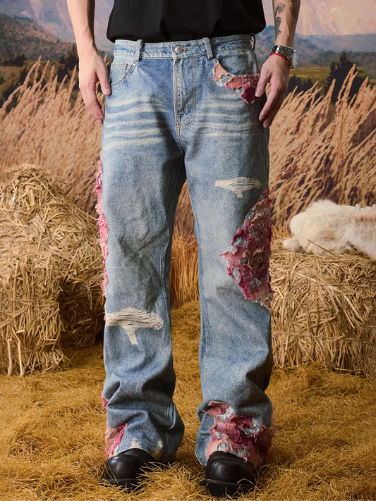 Sunset Lace Patchwork Distressed Baggy Jeans